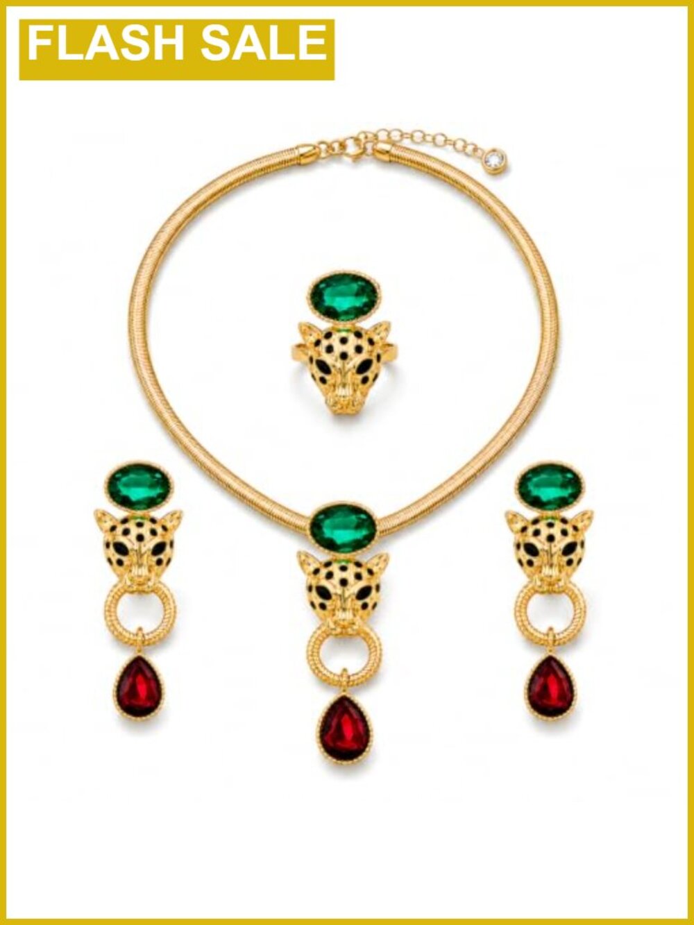 Gold Plated Leopard Statement Necklace Earrings Ring Jewelry Set